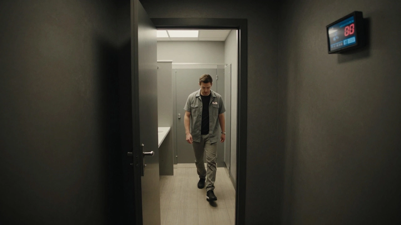 Staff opening a hidden door to a restroom hallway while the escape room game is paused.