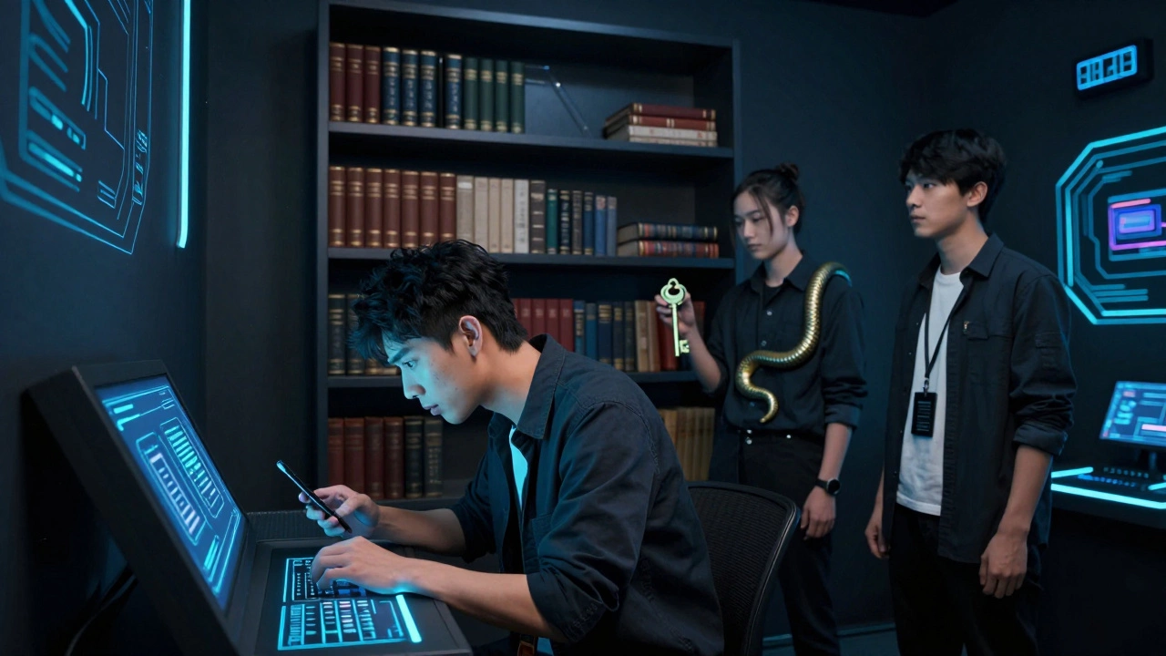 Team members interacting with a digital puzzle panel and a snake-shaped key in a high-tech escape room.