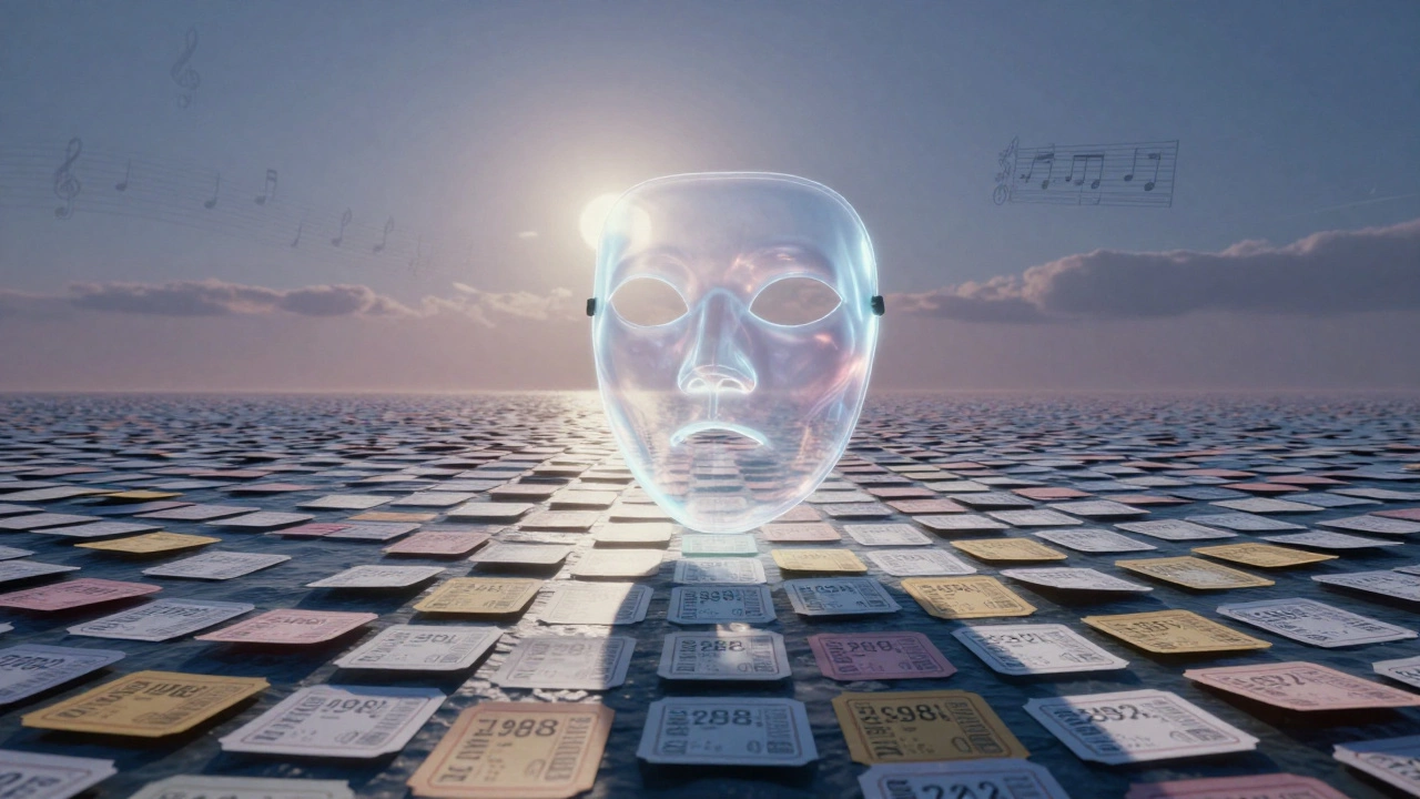 Translucent Phantom mask floating above a sea of ticket stubs from 1988 to 2023.