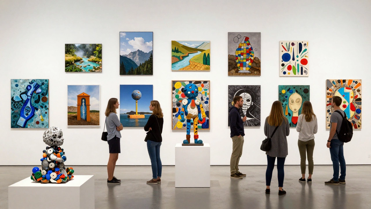 A group exhibition with diverse artworks made from recycled plastics, viewed by curious visitors in a modern gallery.