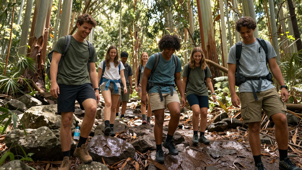 A group of people hiking together, laughing on a forest trail.