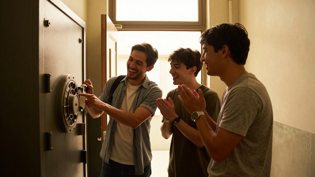 A team celebrating escape with laughter, one pointing at a safe dial as sunlight streams through the doorway.