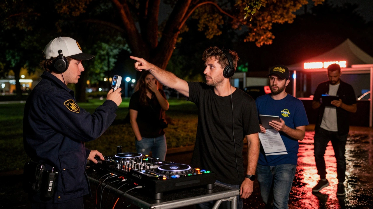 A tense event moment with a fire marshal, DJ, and volunteers under emergency lighting at night.