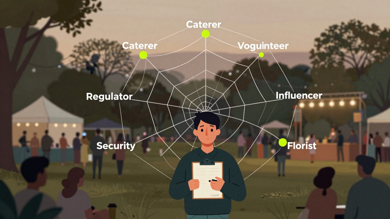 A visual web of event participants connected to a central planner in a park setting.