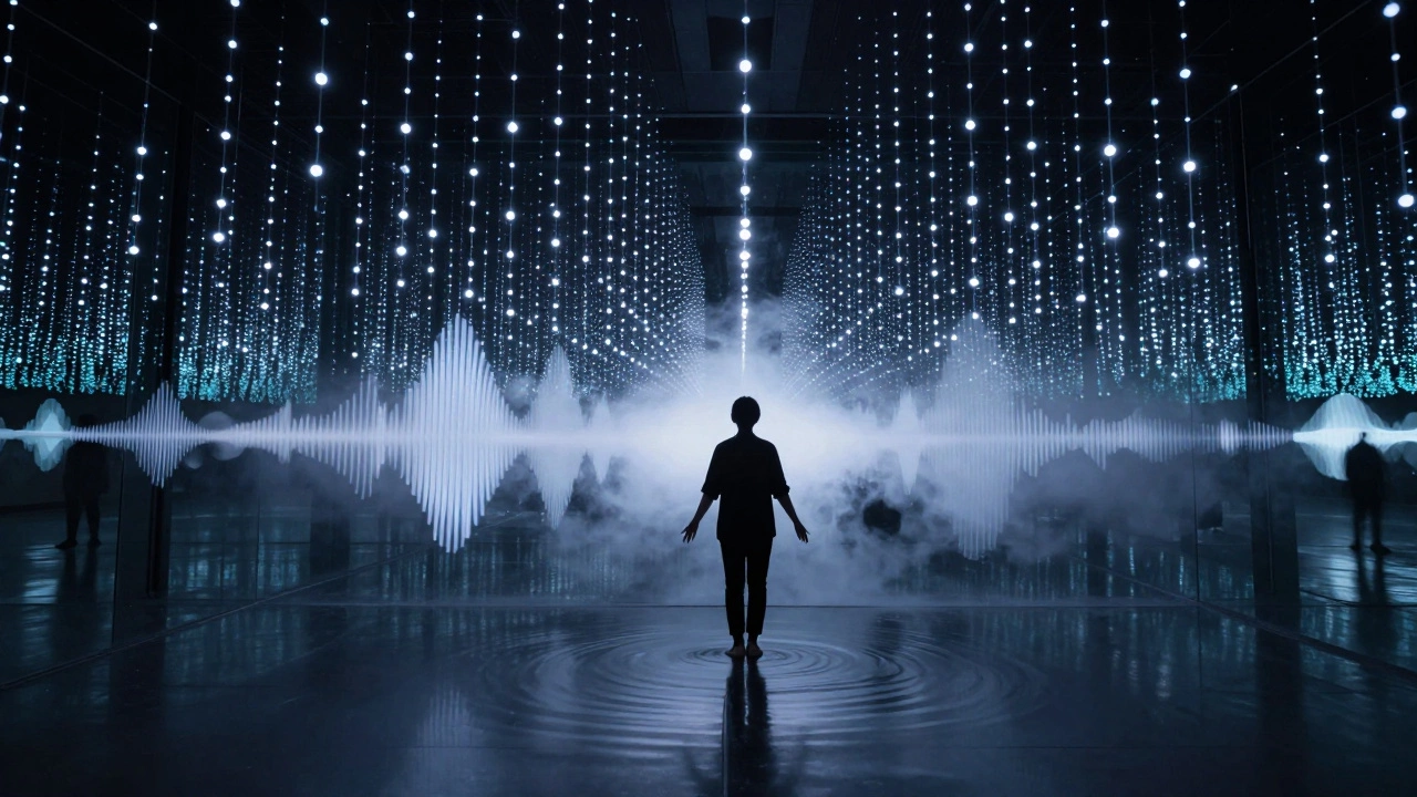 An immersive light installation with infinite reflections in a dark room, a person standing in awe amidst glowing ambiance.