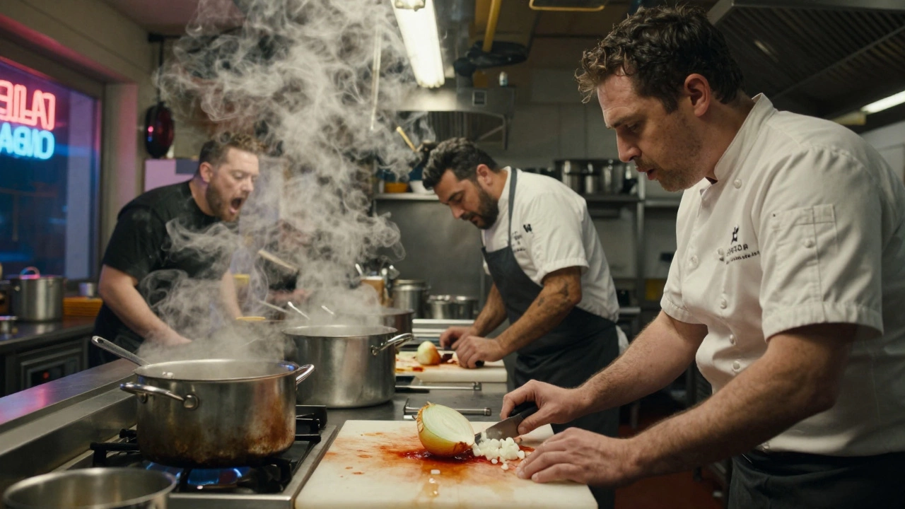 Chaos in a busy kitchen as chefs yell over each other, steam rising from pots.