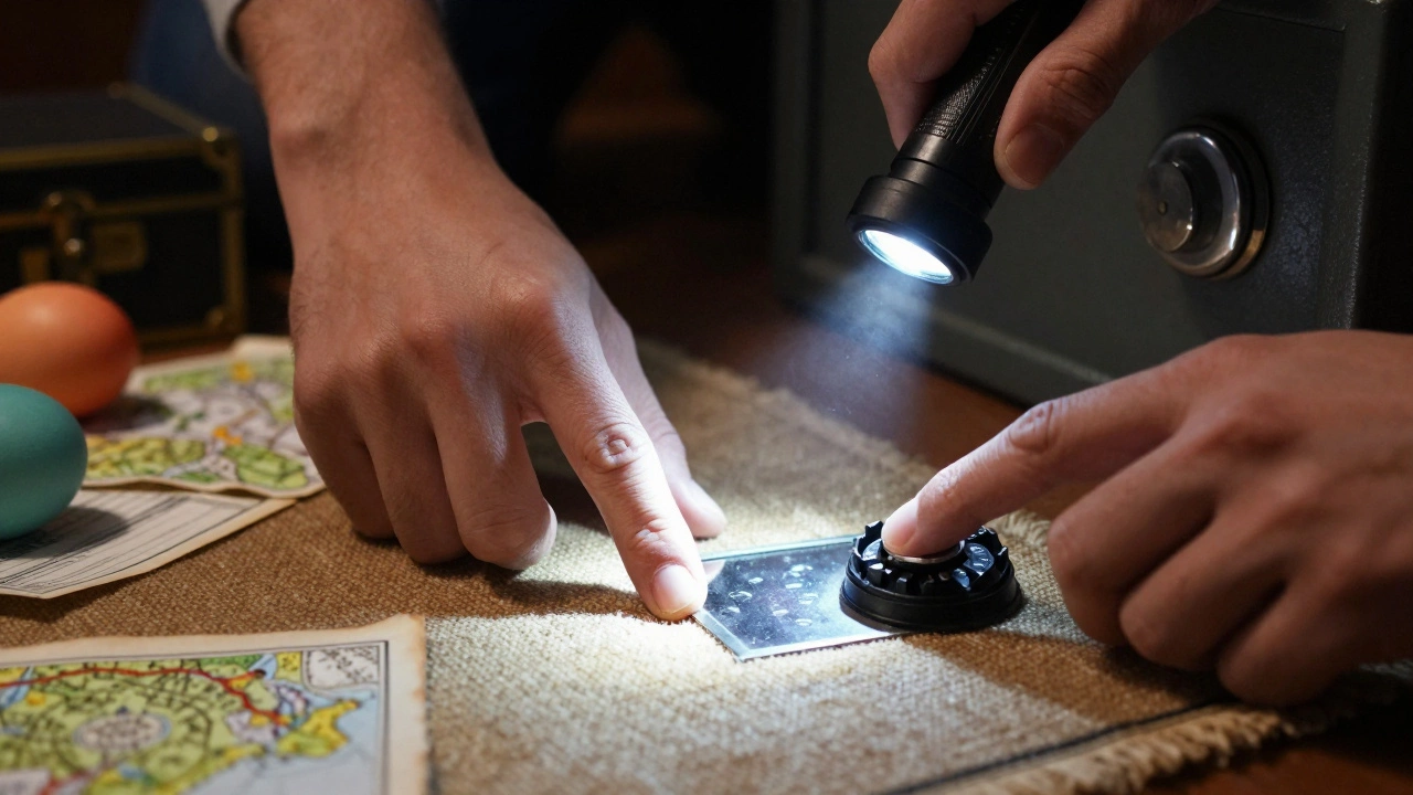 Hands exploring hidden mechanisms in an escape room—UV light reveals numbers, fingers touch a hidden lever.