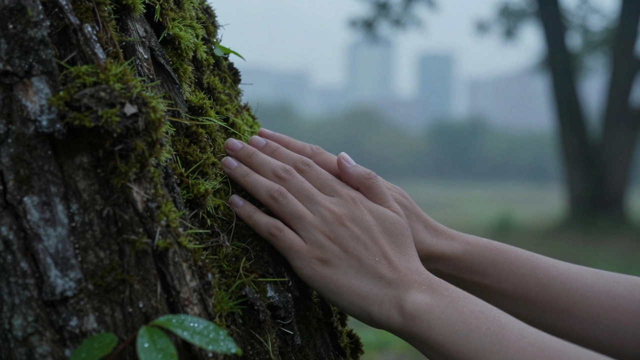 Hands resting on mossy tree bark at dawn, with a distant city skyline.