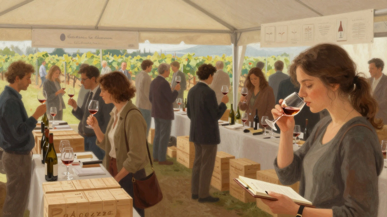People at a wine festival tasting small pours, one spitting into a spittoon while taking notes.