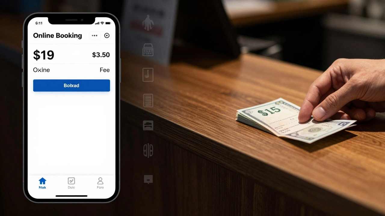 Split-screen contrast between expensive online booking fees and simple cash payment at the box office.