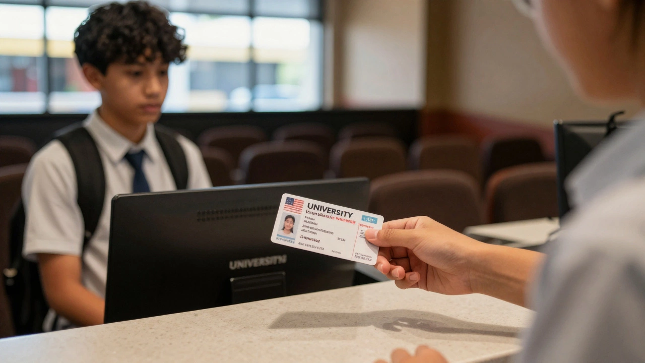 Student showing ID for discounted cinema ticket in suburban theater