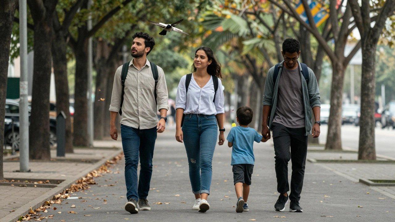 Three people walking together on a tree-lined path, sharing quiet, unspoken connection.