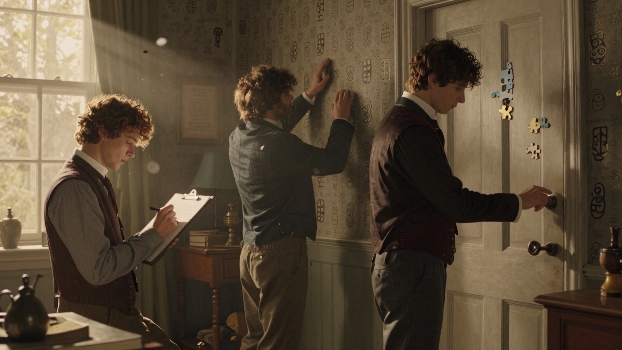 Three teammates performing assigned roles while solving a puzzle in a vintage study room.