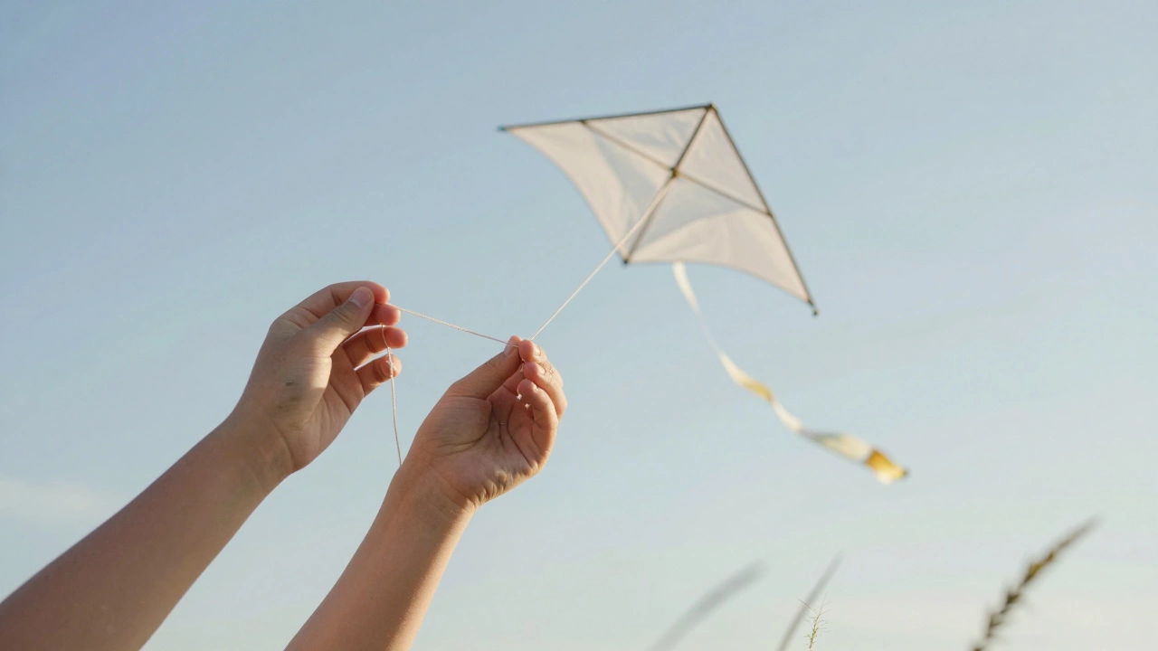 Weathered hands holding a kite in a soft blue sky, grass swaying below in gentle breeze.