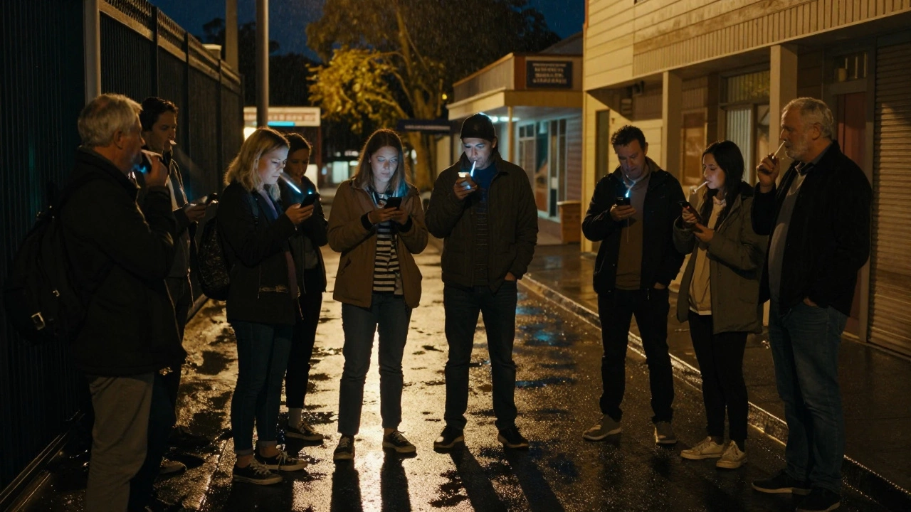 A diverse group of viewers talking outside a small-town cinema after watching Madame Web in the rain.