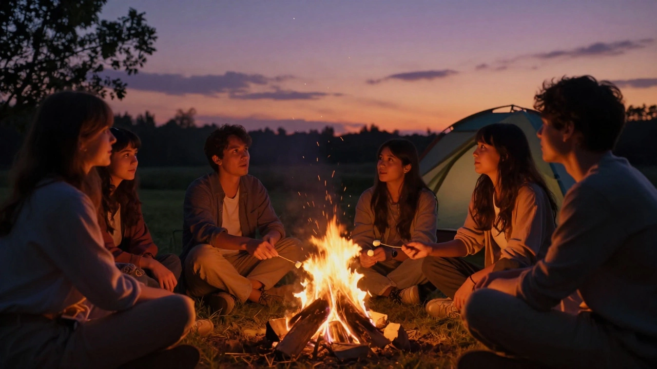 A family gathered around a backyard campfire at dusk, gazing at the stars.