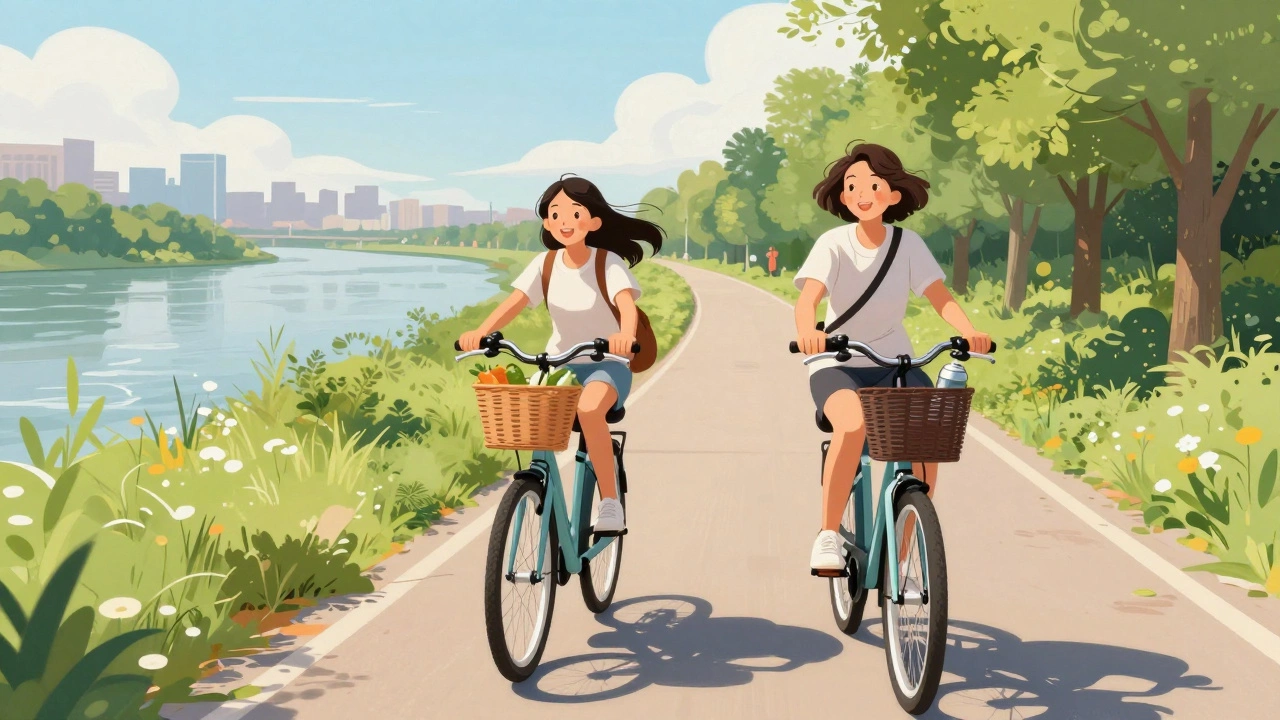 A grandmother and granddaughter riding e-bikes together along a riverside path, smiling and relaxed.