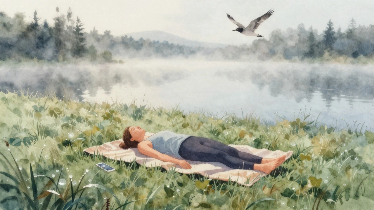 A solitary person doing yoga on a grassy lakeshore at dawn, surrounded by calm mist and natural light.