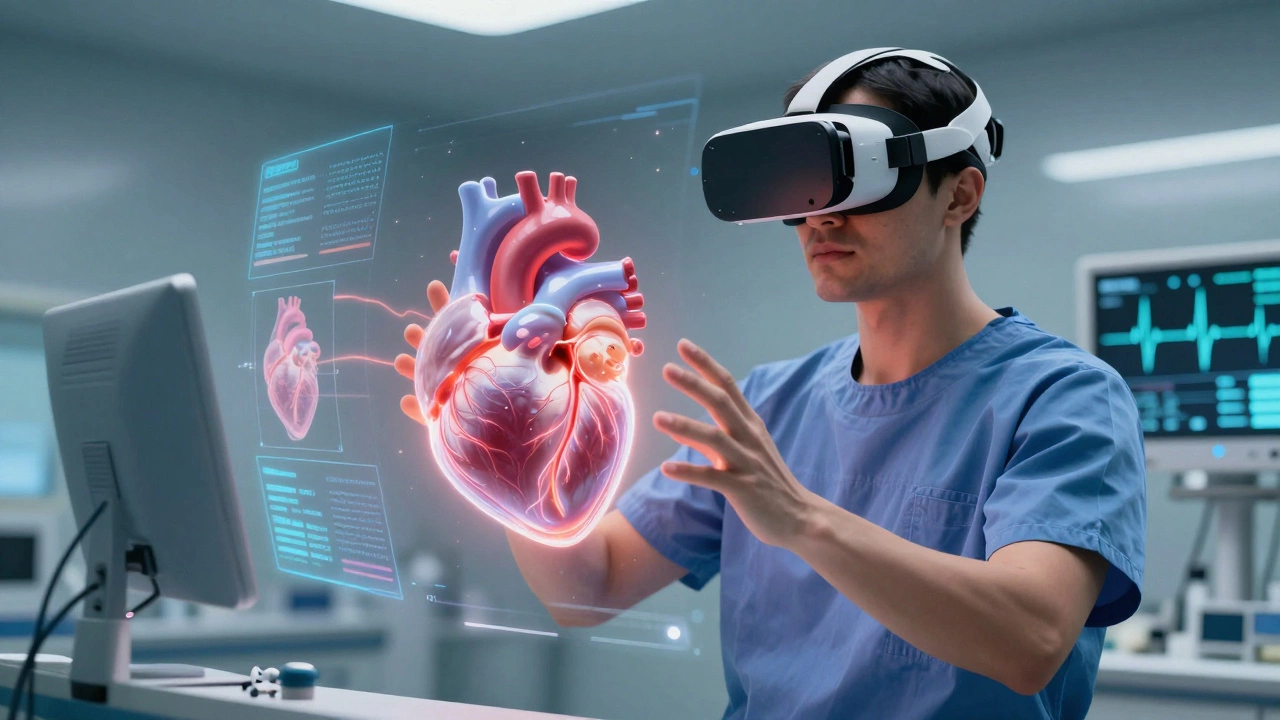 A surgeon uses virtual reality to perform a detailed simulation of heart surgery with realistic anatomy.