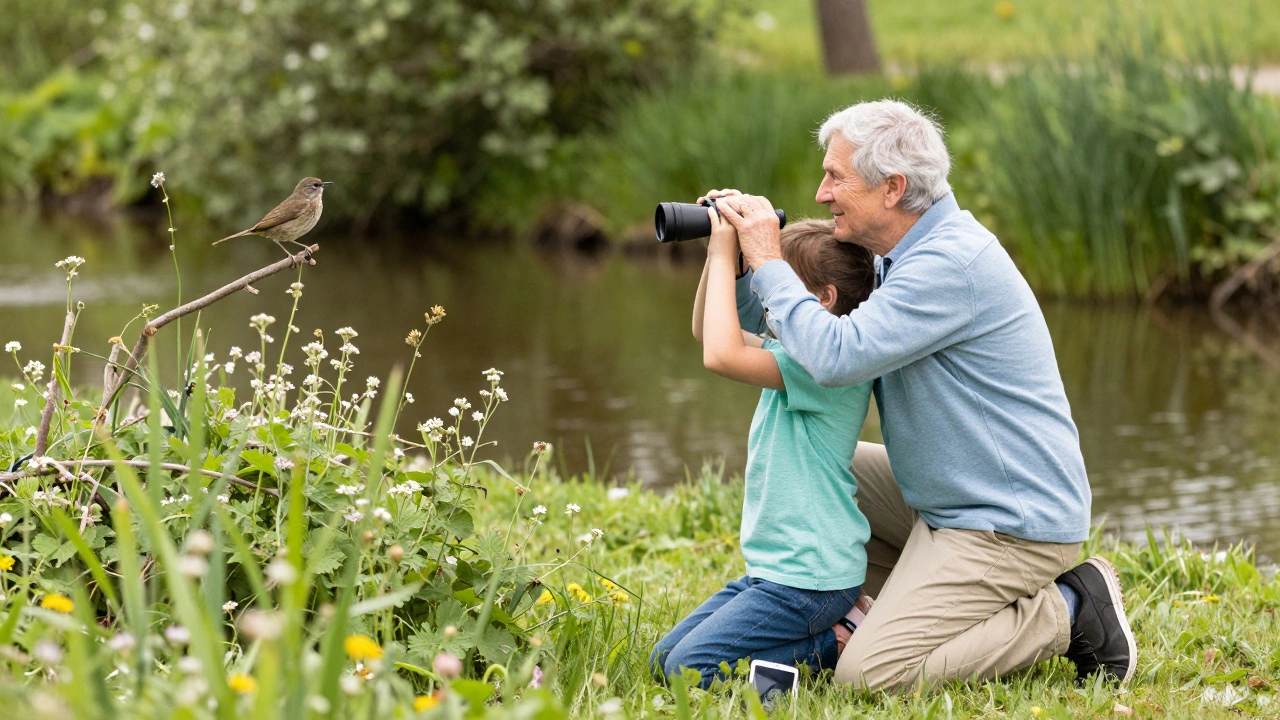 An elderly person and child watching a bird together by a creek, smartphone forgotten nearby.