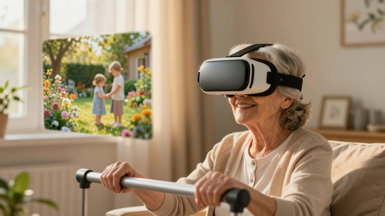 An elderly woman enjoying a virtual garden through a lightweight VR headset in a care home.