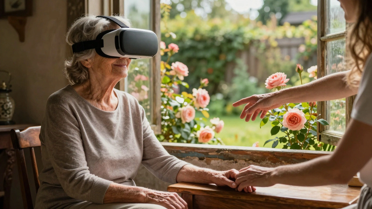An elderly woman smiles in a quiet room as she reconnects with a virtual garden and a loved one through VR.