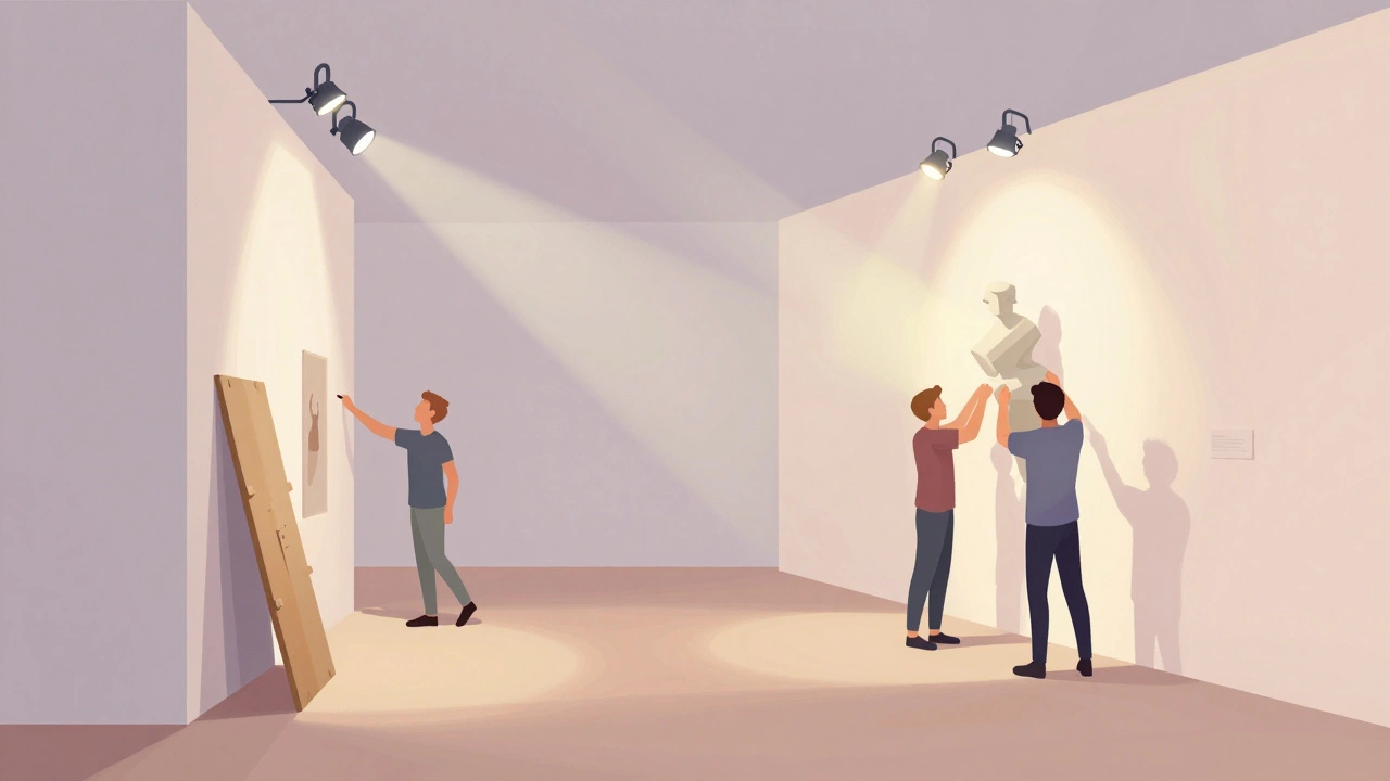 Art handlers installing temporary exhibition pieces in a room.