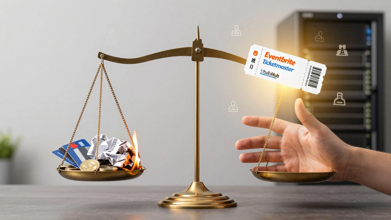 Balance scale comparing fake tickets and crypto payments against secure digital tickets with verified seller logos.