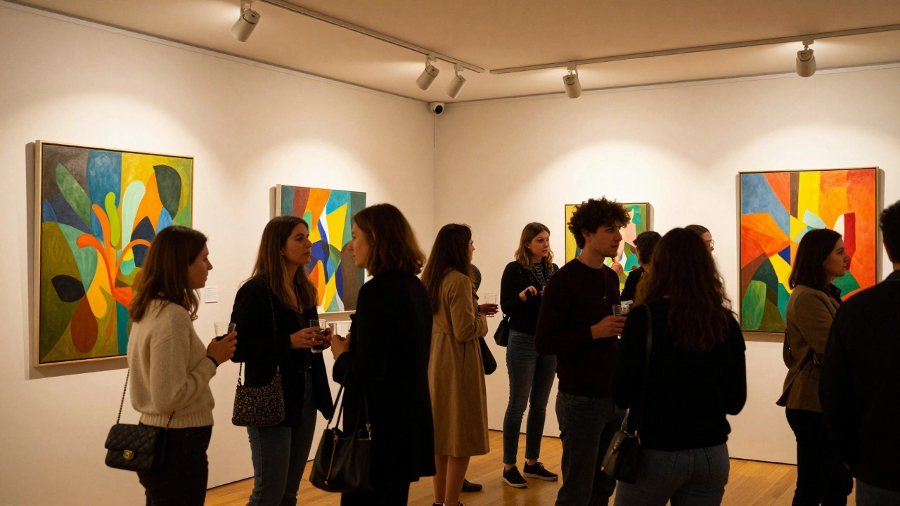 Crowd of people networking at an art exhibition opening event.