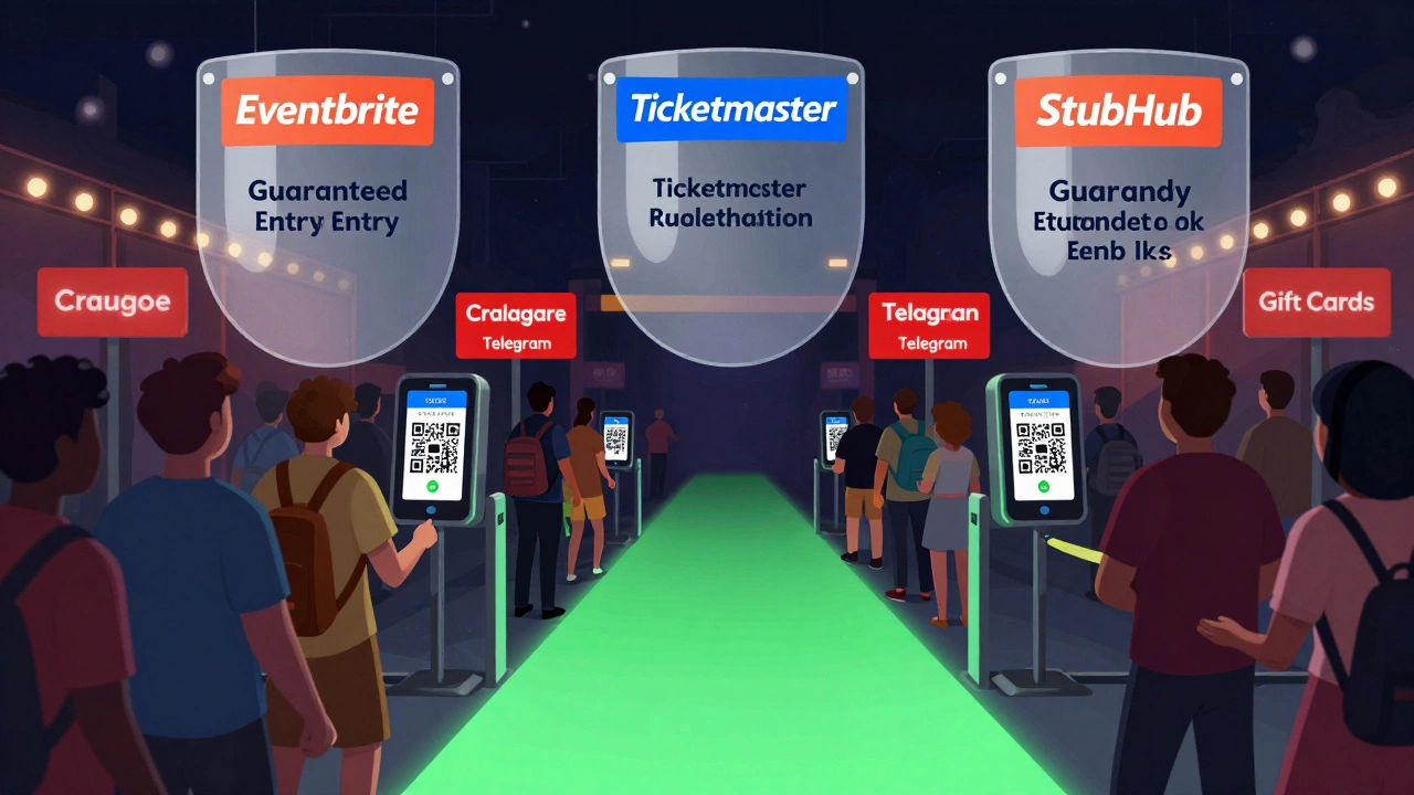 Festivalgoers entering through gates with secure QR codes, protected by trusted ticket platform shields above.