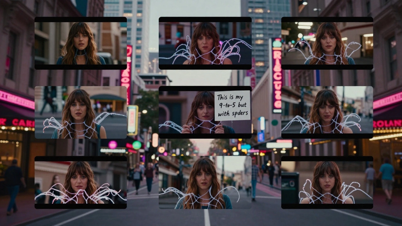 Floating social media screenshots of Madame Web with captions, set against a neon-lit Sydney street at night.