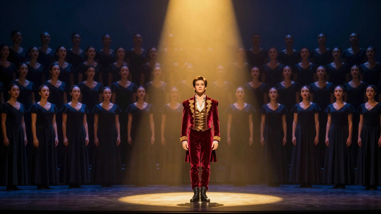 Golden spotlight on lead actor versus shadowed chorus ensemble behind.