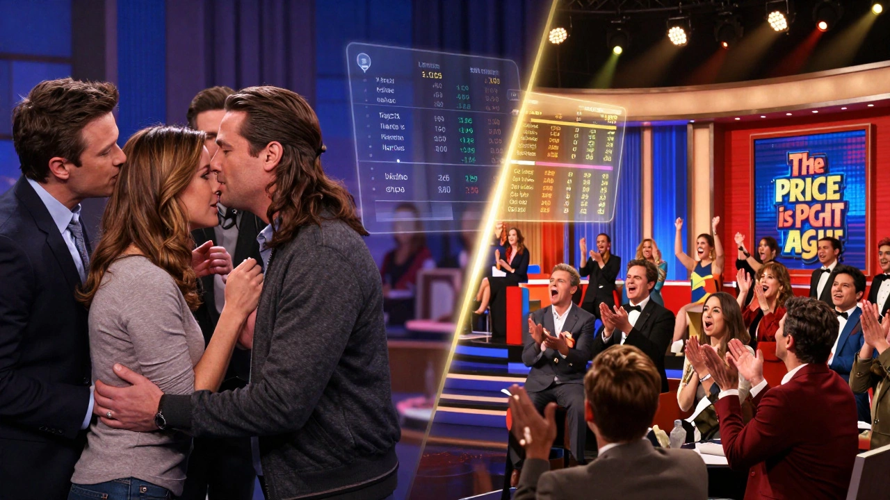 Split scene contrasting soap opera drama with game show excitement