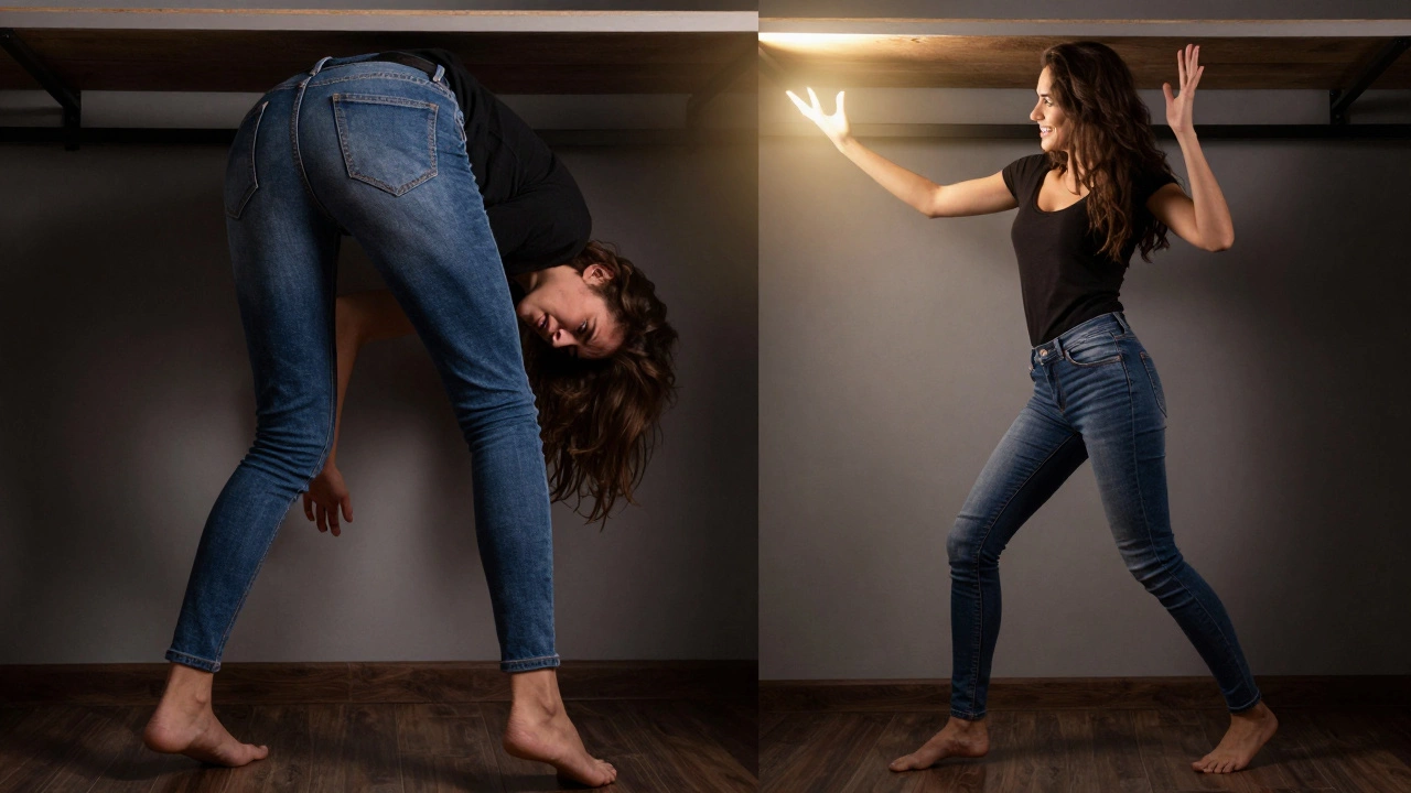 Split-screen: person struggling in tight jeans vs. another reaching easily in stretch jeans.
