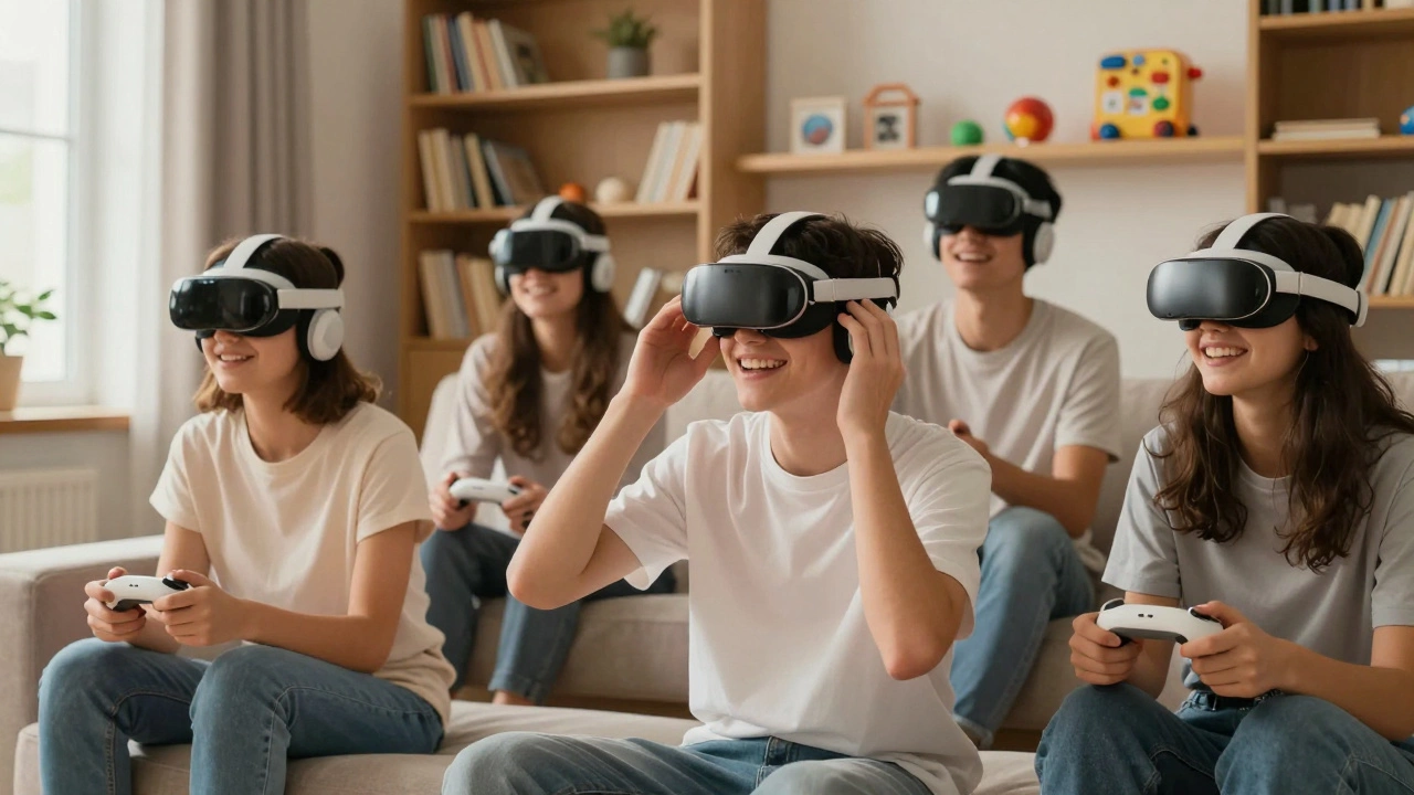 Teenagers using VR headsets in a living room, adjusting straps and laughing together.