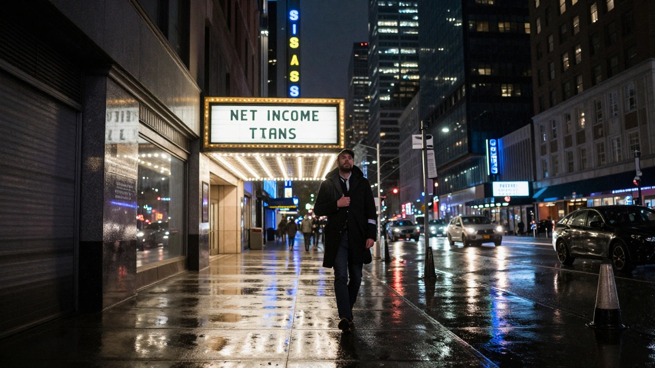Theater professional standing alone on rainy NYC street at night.