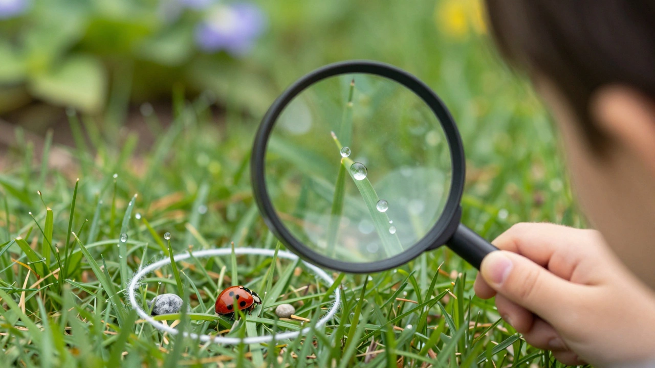 A child using a magnifying glass to examine insects within a small circle of grass