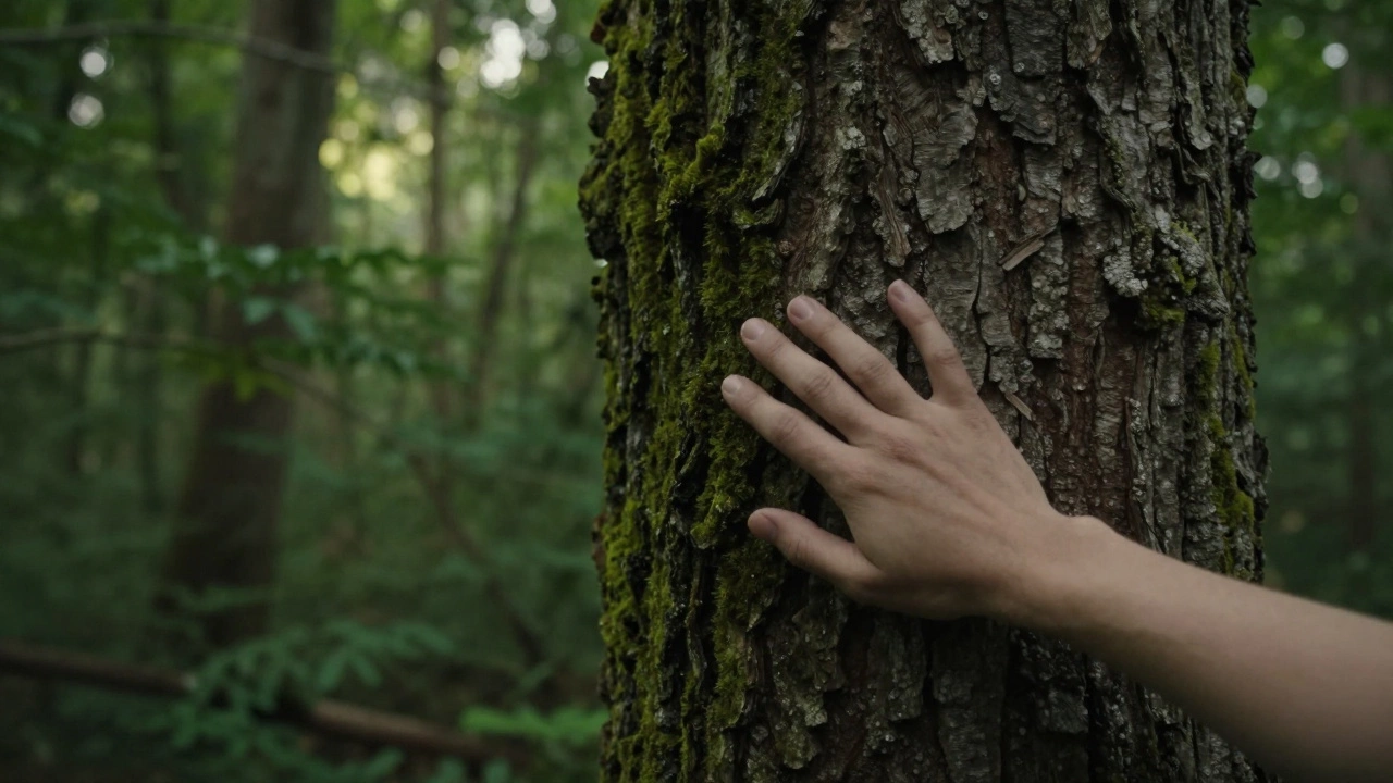 A close-up of a hand touching mossy tree bark during a mindful forest bath