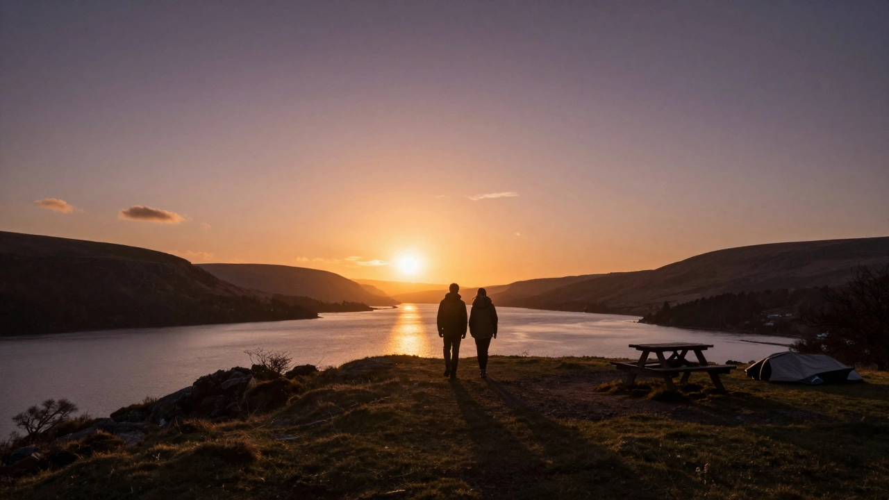 A couple walking on a scenic lakeside ridge during a golden hour sunset.