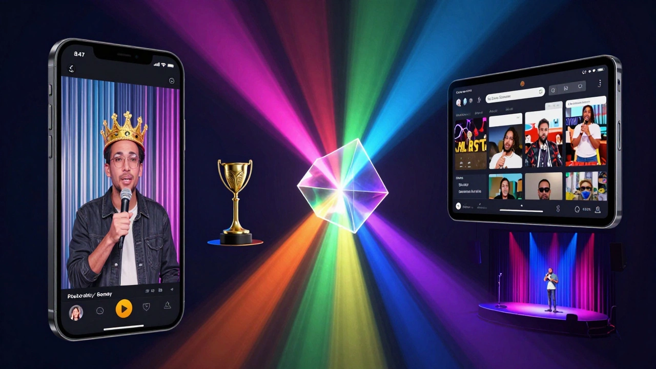 A digital collage of a smartphone and streaming screens representing modern comedy fame