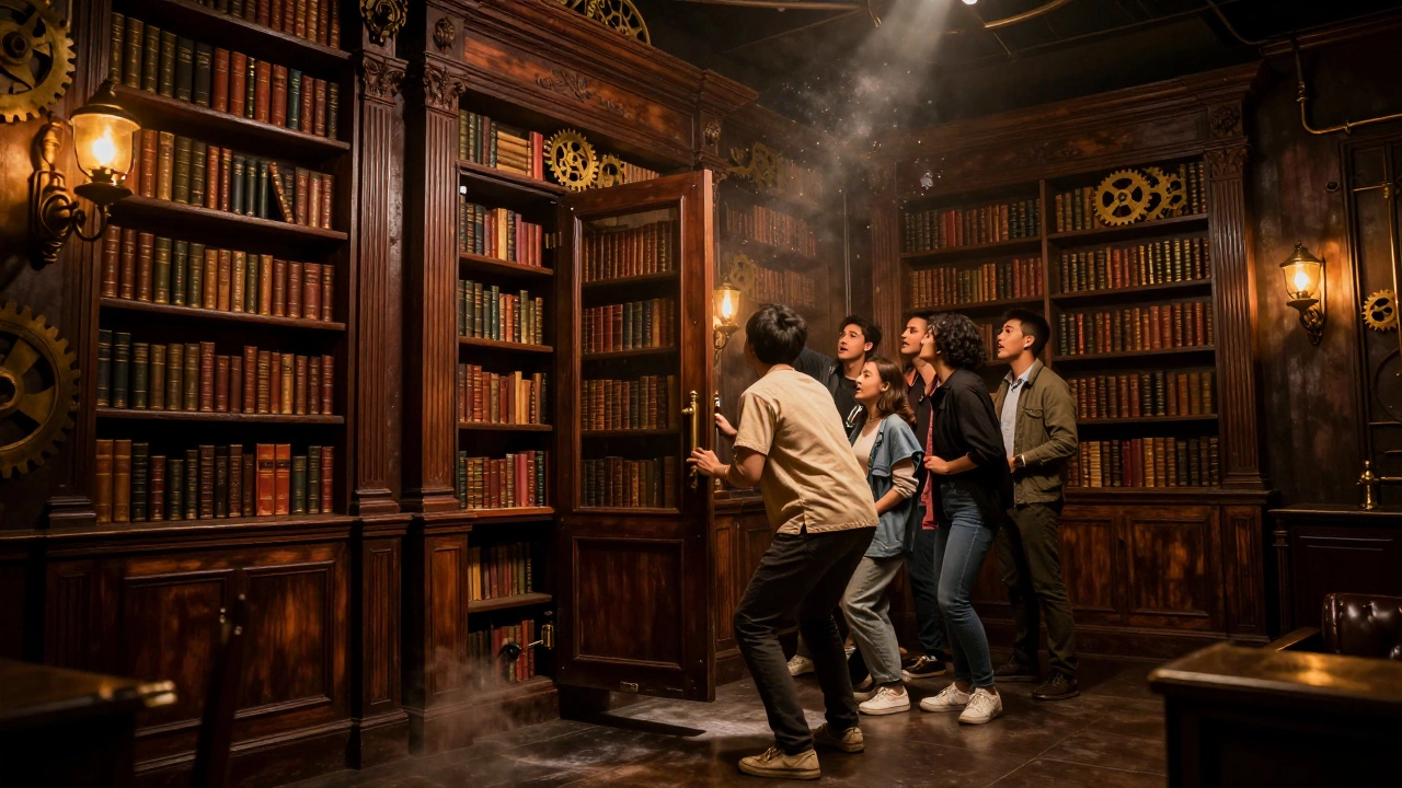 A group of friends discovering a secret door in a steampunk library escape room