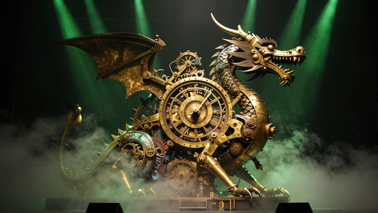 A massive mechanical clockwork dragon on a theater stage with green spotlights and fog