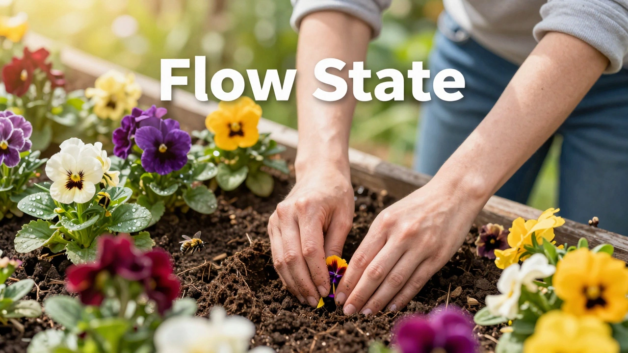 A person gardening in the sunlight, focused on planting colorful flowers