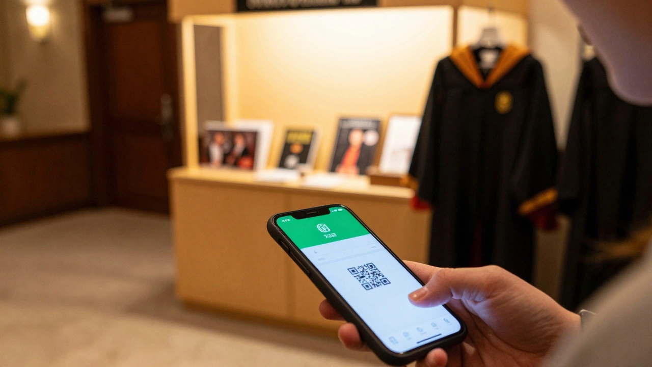 A person holding a digital theater ticket in a lobby with a merchandise booth behind