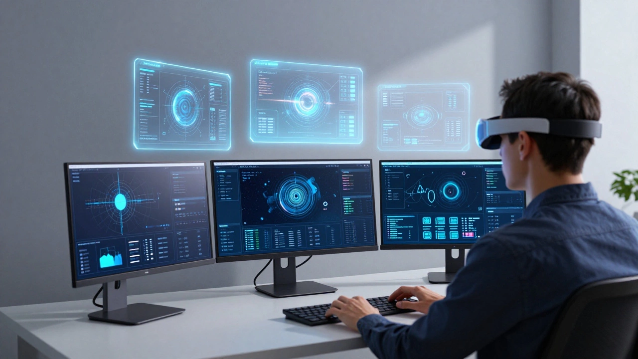 A professional using spatial computing with multiple virtual monitors floating in a home office.