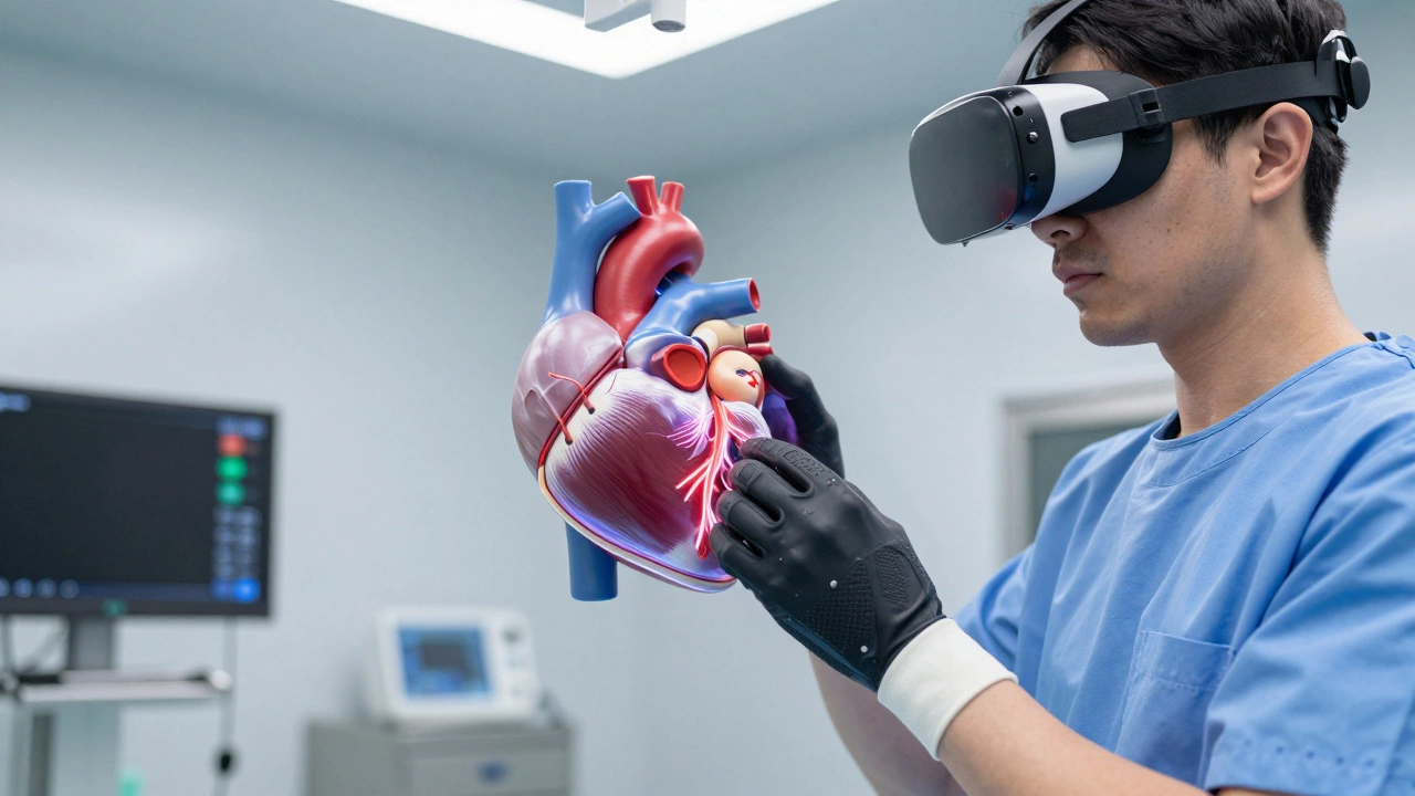 A surgeon using VR and haptic gloves to practice a procedure on a 3D holographic heart.