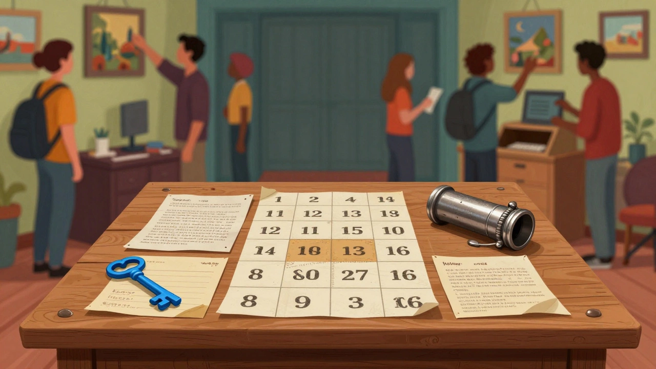 A table with an organized collection of keys and paper clues in an escape room.