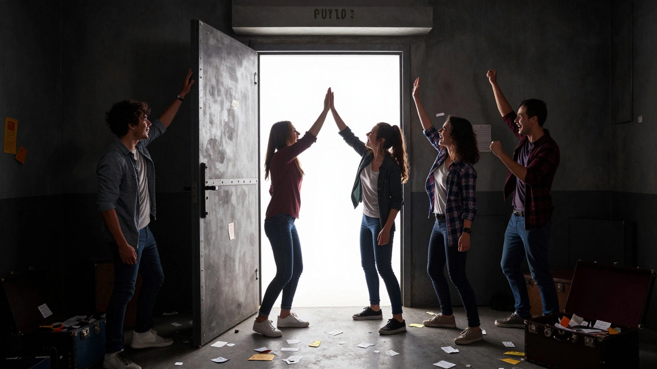 A team of friends celebrating as they unlock the final door of an escape room.