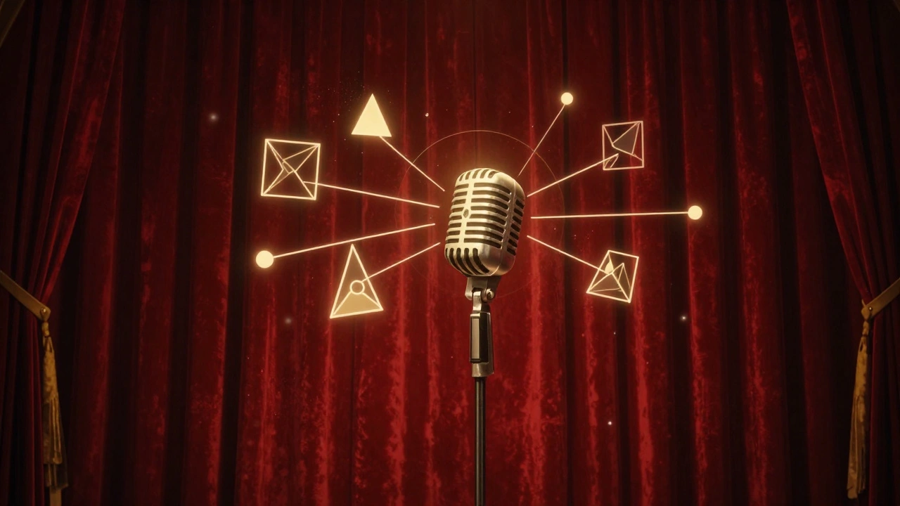 A vintage microphone on a stage with abstract symbols of storytelling and philosophy