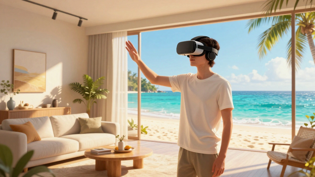 A young adult experiencing mixed reality, blending a living room with a tropical Bali beach.